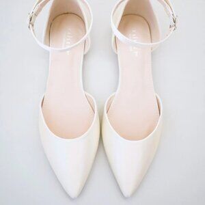 Kailee P Satin Pointy Toe Flats with Ankle Strap - Ivory Satin